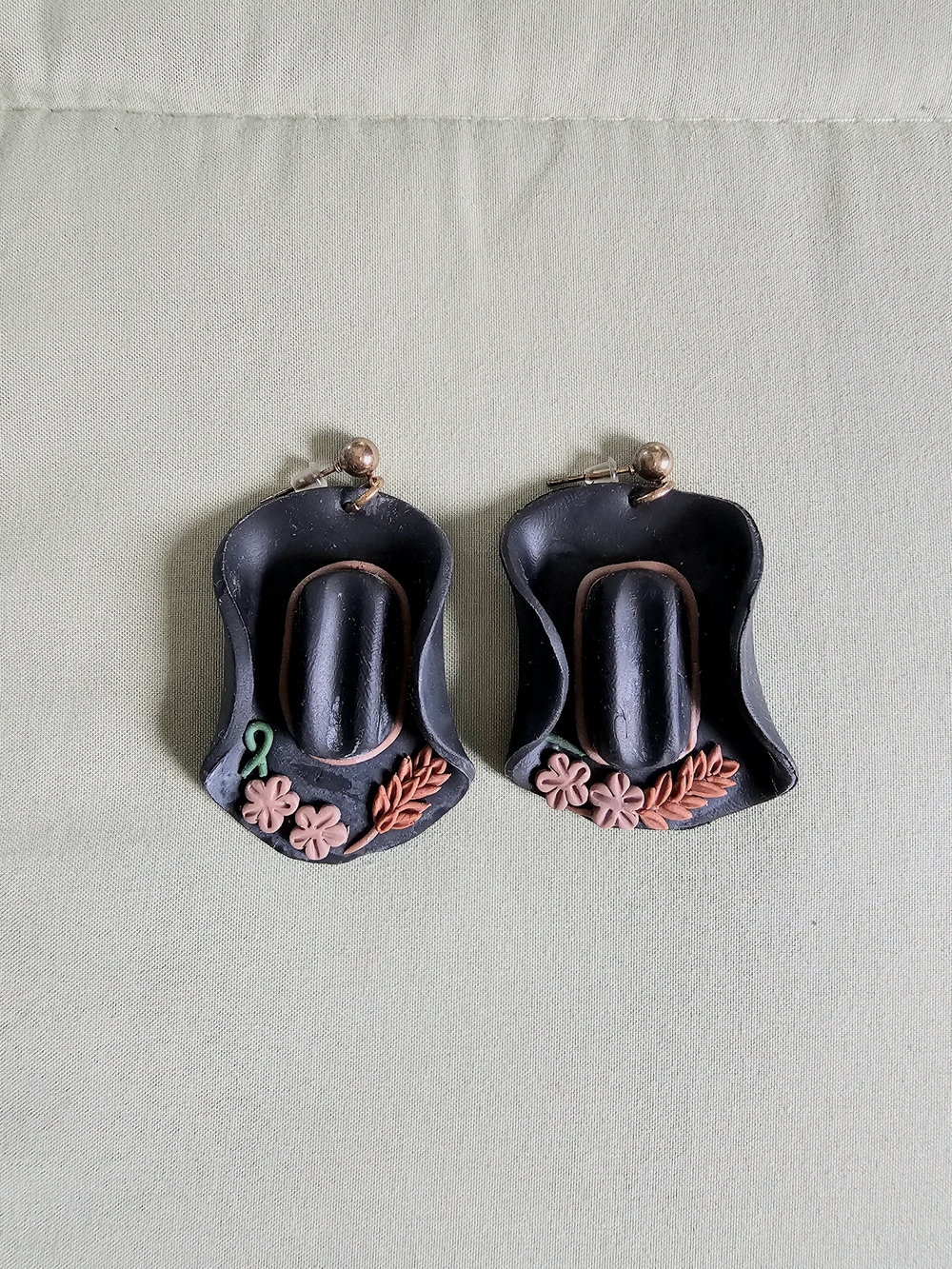 Handmade Black Cowboy Hat Clay Earrings Floral Western Stud Dangles